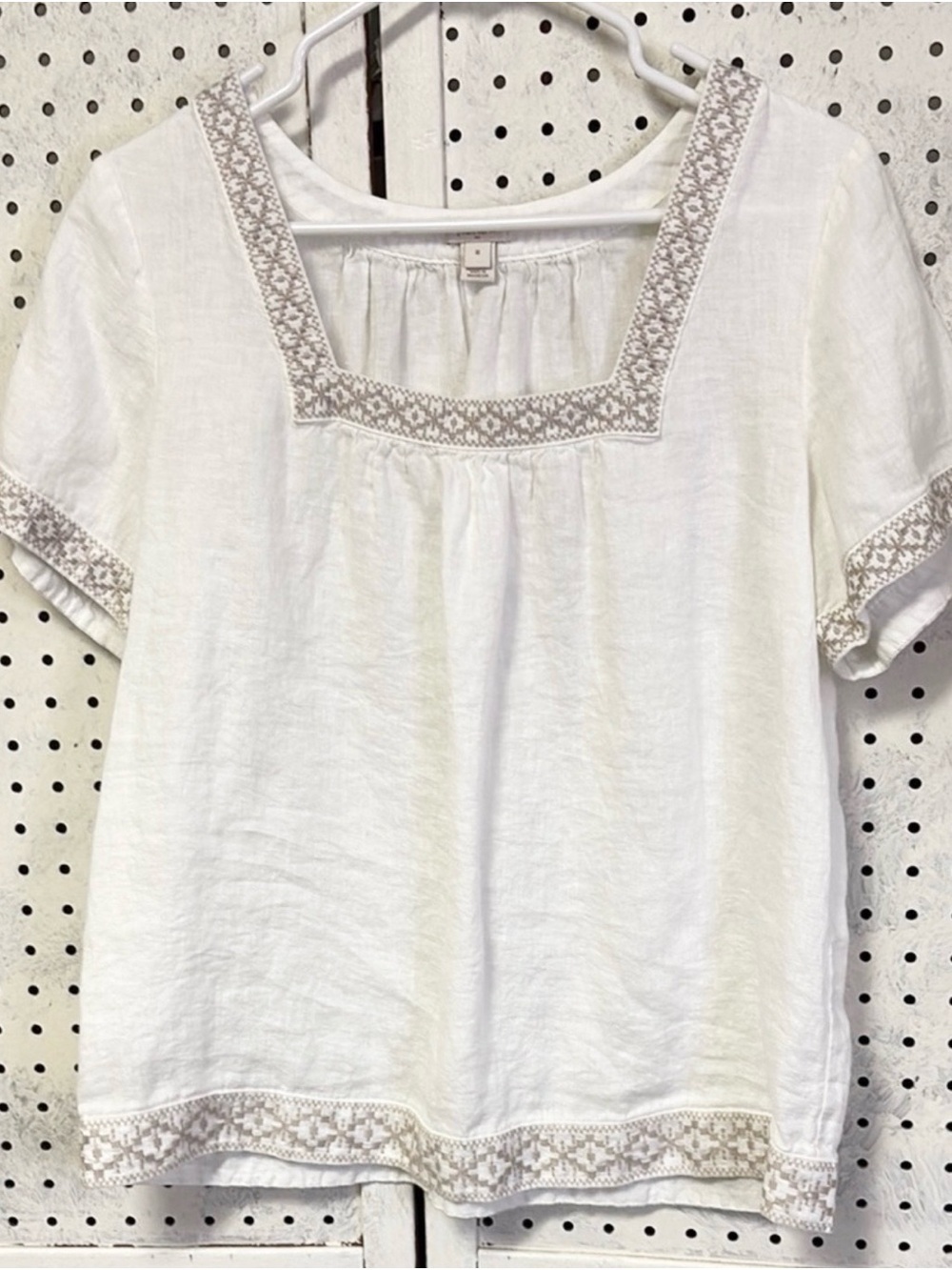 J CREW White Embroidered Square Neck Linen Top